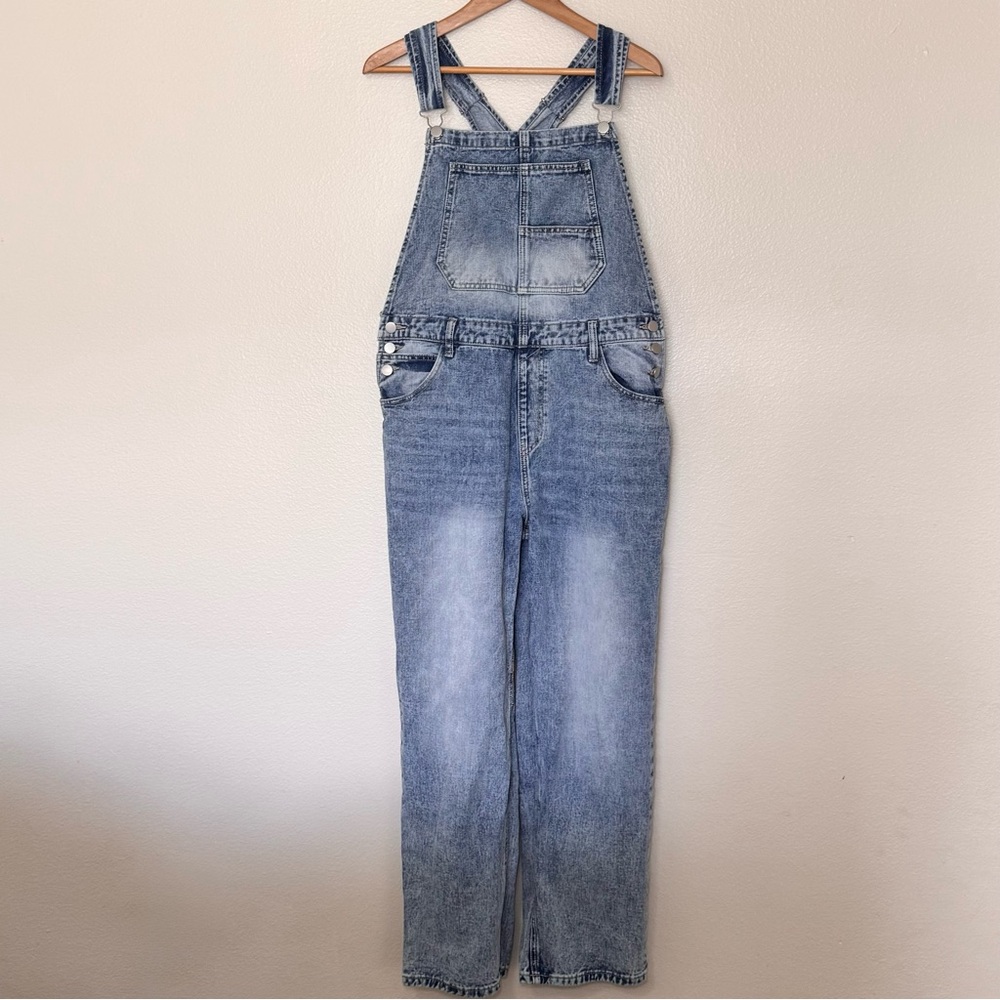 Pink Lily Acid Wash Denim Overalls Large Relaxed Boyfriend Straight Leg